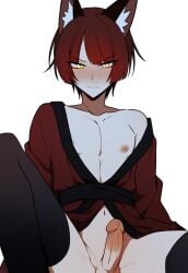 1boy ai_generated animal_ear_fluff animal_ears bangs bishounen black_thighhighs blunt_bangs blush closed_mouth collarbone embarrassed erection fox_boy fox_ears japanese_clothes kimono knee_up long_sleeves looking_at_viewer male male_focus male_only milua navel nipples no_male_underwear nose_blush novelai off_shoulder open_clothes open_kimono original original_character pectorals penis red_hair red_kimono sash self_upload short_hair simple_background sitting slit_pupils solo solo_male spread_legs testicles thighhighs uncensored white_background yellow_eyes