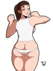 alien:_isolation alien_(franchise) amanda_ripley ass behind_view brown_eyes brown_hair brown_hair female panties smiling solo solo_female tank_top truewaifu white_panties white_tank_top