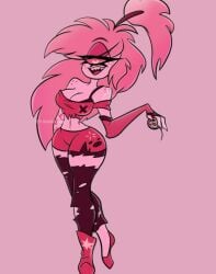 boobs cherri_bomb_(hazbin_hotel) cyclops demon demon_girl hazbin_hotel holding_bomb holding_object leggings one_eye pink_hair red_hair ripped_clothes ripped_clothing ripped_leggings ripped_pants thick thick_thighs tits