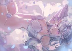 1girls armpits belly bottomless breasts cleavage elf elf_ears elf_female elf_girl emilia_(re:zero) half_naked hips looking_at_viewer partially_clothed purple_eyes re:zero_kara_hajimeru_isekai_seikatsu silver_hair solo solo_female underwear