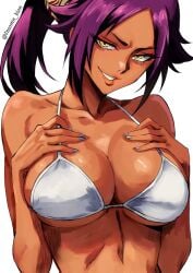 big_breasts bleach breasts dark-skinned_female female female_only hand_on_breast insomn_bion purple_hair shihouin_yoruichi smirk solo swimsuit tagme white_bikini_top yellow_eyes