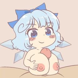 1boy 1girls accurate_art_style animated areolae ben_tttt blue_eyes blue_hair blush breasts chibi chibi_style cirno fairy gyate_gyate hairbow huge_breasts ice_wings loop looping_animation meme nipples no_sound open_mouth paizuri penis pov short_hair simple_background smile sound_request tagme touhou video wings