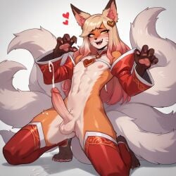 ahri ahri_(cosplay) ai_generated cosplay ejaculation femboy foxboy furry furry_male league_of_legends penis