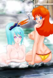 2girls bad_censor bikini bikini_bottom covering covering_breasts crossover female female_only hyrule_warriors lana_(the_legend_of_zelda) mario_(series) multiple_girls nintendo nude onsen outdoors princess_daisy swimsuit the_legend_of_zelda topless zelgi