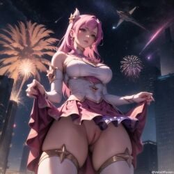 ai_generated city earrings fireworks from_below kai'sa league_of_legends looking_at_viewer medium_breasts pink_hair pussy pussy_lips skirt skirt_lift skirt_up spacecraft star_guardian_kai'sa star_guardian_series star_ornament stars thick_legs thick_thighs thigh_highs thighhighs upskirt valodiffusion