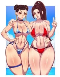 2girls abs big_breasts bikini breasts brown_hair capcom chun-li fatal_fury king_of_fighters looking_at_viewer luchidart mai_shiranui peace_sign ponytail smiling smiling_at_viewer snk solo_female street_fighter street_fighter_6 tagme thick_thighs thighs twin_buns