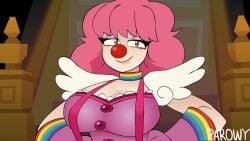 ace_attorney animated capcom clown clown_girl clown_nose confetti courtroom geiru_toneido gyakuten_saiban large_breasts looking_at_viewer nipples parowy pink_hair short_hair squeezing_own_breasts stripping