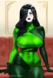 1girls ai_generated big_breasts black_hair clothed clothing color disney female female_focus female_only green_eyes hi_res kim_possible large_breasts light-skinned_female light_skin lipstick long_hair looking_at_viewer mistarman nipples_visible_through_clothing shego_(cosplay) solo solo_female suit tagme thick_thighs