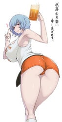 1girls alternate_costume ao_madou-shi armpit ass bare_shoulders beer big_breasts blue_hair blush breasts clothing dat_ass female female_only from_behind hair_between_eyes heart hi_res hooters large_breasts looking_at_viewer neon_genesis_evangelion red_eyes rei_ayanami short_hair shorts simple_background solo tank_top trefoil v