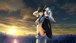 1girls arms_up ass black_hair blue_eyes female genya_(genya67) highres junketsu kill_la_kill kiryuuin_satsuki long_hair looking_at_viewer pauldrons sky solo sun thighhighs very_long_hair wall