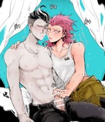 2boys abs bar_censor blush danganronpa danganronpa_2:_goodbye_despair erection gay gundham_tanaka handjob kazuichi_souda light-skinned_male light_skin male male/male male_only multiple_boys muscle muscular muscular_male noyuki_jono pale-skinned_male pale_skin pecs penis pink_hair sitting smooth_skin sweat translation_request yaoi