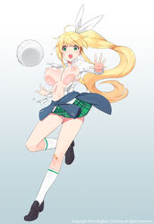 ball bandaid bandaid_on_knee blonde_hair bouncing_breasts breasts clothes_around_waist dress_shirt female full_body green_eyes hair_ribbon kneehighs large_breasts lia_(soccer_spirits) loafers long_hair miniskirt navel nipples open_mouth panties photoshop plaid_skirt ponytail school_uniform shoes soccer_ball soccer_spirits socks solo tied_hair torn_clothes watermark