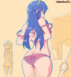 2girls ass bare_shoulders blue_eyes blue_hair bra character_in_background female_only fire_emblem fire_emblem_awakening hairband long_hair lucina_(fire_emblem) multiple_girls nintendo panties pink_bra pink_panties princess_zelda sepia small_breasts solo_focus spot_color super_smash_bros. sword the_legend_of_zelda towel twilight_princess underwear undressing weapon zelda_(twilight_princess) zeromomentai