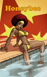 1girls african_female afro bare_shoulders bikini bimbo black_dynamite breasts brown_eyes brown_hair busty cleavage dark-skinned_female dark_skin earrings female female_only honey_bee_(black_dynamite) hoop_earrings navel poolside rabies-t-lagomorph sitting solo voluptuous