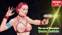 1girls bare_shoulders blaster bracelet breasts brown_eyes brown_hair eromaxi female female_only gun holding_gun holding_pistol holding_weapon large_breasts long_hair nipples padme_amidala pistol red_hair shooting solo spiked_bracelet spiked_collar star_wars tagme weapon