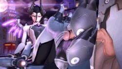 1boy 3d alternate_costume animated ass blizzard_entertainment dark_persona female footjob footjob_with_legwear genji gif horns imp_mercy lowres mechanical_wings mercy multiple_girls outdoors overwatch overwatch_2 penis straight testicles weapon wings