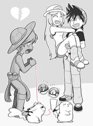 0_0 1boy 2girls :d carrying couple cuckquean female green_(pokemon) human human_only leaf_(pokemon) male monochrome multiple_girls pokemon pokemon_adventures pokemon_rgby princess_carry red_(pokemon) sex sketch straight yellow_(pokemon)