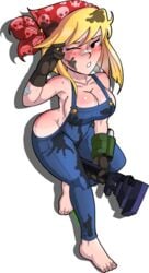 1girls bandana barefoot bethesda_softworks blonde_hair breasts cleavage dirty fallout fallout_(series) fallout_4 feet female female_only gloves mob_face one_eye_closed overalls pip-boy shadman solo sweat vault_girl vault_meat wink wrench