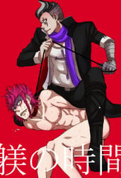 2boys abs arms_behind_back black_hair blush clothed clothed_male_nude_male collar danganronpa danganronpa_2:_goodbye_despair gundham_tanaka kazuichi_souda leash male male_only multiple_boys muscle namakotarako nude pecs pink_hair red_background restrained short_hair simple_background smooth_skin wince yaoi