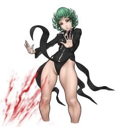 1girls angry blood cum cum_on_body dress female female_only green_eyes green_hair krauzer7 legs one-punch_man solo tatsumaki