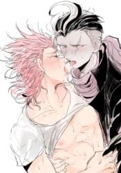 2boys abs danganronpa danganronpa_2:_goodbye_despair gay gundham_tanaka kazuichi_souda kissing light_skin male male/male male_only multiple_boys muscle noyuki_jono pecs pink_hair saliva saliva_string scar scar_across_eye shirt_lift shirt_up smooth_skin tongue two_tone_hair undressing yaoi