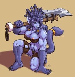 anthro areolae axe biceps blue_fur blue_hair braid breasts cameltoe claws cleavage demien feline female female_only full-length_portrait full_length furry large_breasts long_hair melee_weapon muscles muscular_female nipple_slip nipples pointy_ears portrait smile solo spots tail tail_ring tied_hair toe_claws weapon