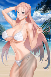 beach bikini blue_eyes breasts cleavage earrings female juliana_eberhardt large_breasts light-skinned_female long_hair looking_at_viewer mikazuki_shigure navel pink_hair solo swimsuit valkyria_chronicles