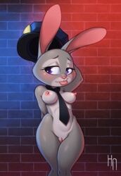 2017 anthro areola blush breasts brick clitoris cute disney erect_nipples eyelashes female fur furry furry_only grey_fur half-closed_eyes hand_behind_head hotneon judy_hopps lagomorph long_ears looking_at_viewer mammal medium_breasts mostly_nude naked necktie nipples nude pink_nose police_hat pose purple_eyes pussy rabbit smile solo standing thick_thighs tongue tongue_out white_fur wide_hips zootopia