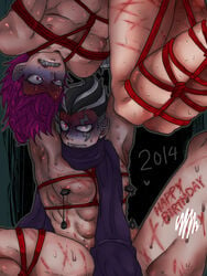 2014 2boys black_hair blood body_markings body_writing bondage censored color convenient_censoring cuts danganronpa danganronpa_2:_goodbye_despair dated gay gundham_tanaka kazuichi_souda looking_at_viewer male male_only mosaic_censoring multiple_boys namakotarako nipple_clamps nude purple_hair red_rope restrained rope scarf short_hair sitting smooth_skin suspension suspension_bondage tied tied_up upside-down wound yaoi