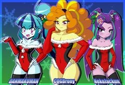 3girls absurdres adagio_dazzle annoyed aqua_hair aria_blaze bells blue_skin blush christmas cleavage cogbrony collaboration danmakuman equestria_girls female fingerless_gloves friendship_is_magic frown gloves hands_on_hips happy human humanized long_hair looking_at_viewer my_little_pony nekojakun orange_hair ponytail posing purple_skin rainbow_rocks smile snowflake sonata_dusk spikes thighhighs tied_hair twintails violet_eyes violet_hair wide_hips yellow_skin