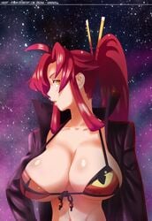 2016 2d adult adult_female amber_eyes artist_name big_breasts blush bra breasts chopsticks chopsticks_in_hair cleavage cleavage_overflow coat crossover deviantart_username female female_only fit fit_female hamanasu heroine human human_female human_only jacket kill_la_kill large_breasts light-skinned_female light_skin long_hair looking_at_viewer looking_sideways mammal midriff mostly_clothed navel no_sex partially_clothed ponytail post-timeskip red_hair senketsu solo solo_female space space_yoko standing star stars straight_hair swimsuit tengen_toppa_gurren_lagann upper_body web_address yellow_eyes yoko_littner young_woman