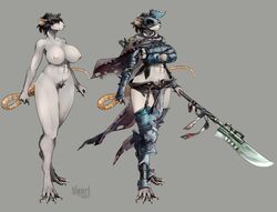 2017 abs anthro anthro_only armor big_breasts black_hair breasts claws clothed clothing female full_length furry glaive hair kiguri kiguryu mammal melee_weapon model_sheet navel nipples nude polearm pubes pussy rat red_eyes rodent skaven skimpy solo spear storm_vermin torn_clothing unconvincing_armor warhammer_(franchise) warhammer_fantasy warrior weapon