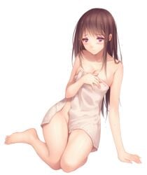 1girls blush brown_hair covering female female_only iki_hiyori nipple noragami purple_eyes solo tidsean towel