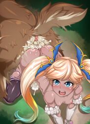 all_fours anus ass_to_ass bestiality blonde_hair blue_eyes blue_hair breasts canine cum cum_drip cum_in_pussy cum_inside dominant_feral dragging elbow_gloves forest gloves gradient_hair granblue_fantasy green_hair hair io_(granblue_fantasy) io_euclase knot knot_dragging knotted knotted_penis knotting kokoankou long_hair mammal motion_lines multicolored_hair nipples open_mouth overflow penetration reverse_doggy_style sex tail tears testicles thighhighs tied_hair twintails vaginal_penetration wolf zoophilia