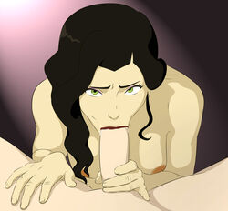 1boy 1girls anaxus asami_sato avatar_the_last_airbender black_hair breasts caress eyeshadow fellatio female green_eyes kneeling looking_at_viewer makeup medium_breasts neltumo nude oral penis pov smooth_skin straight teasing the_legend_of_korra