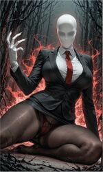 1girl ai ai_art ai_assisted ai_generated curvy_figure evil_look female_focus horror horror_game large_breasts legs_apart legs_spread melonprime miniskirt on_floor panties pantyhose pencil_skirt seductive self_upload slenderman slenderwoman suit_and_tie thick_thighs thighs tights upskirt variant woods