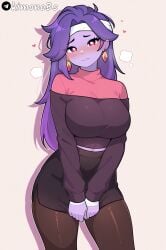 1girl solo long_hair breasts blush simple_background long_sleeves large_breasts skirt closed_mouth red_eyes jewelry purple_hair earrings heart pantyhose artist_name belt black_skirt twitter_username off_shoulder black_pantyhose sweater symbol_shaped_pupils colored_skin headband bright_pupils heart_shaped_pupils white_pupils wavy_mouth pencil_skirt patreon_logo purple_skin white_headband bandaged_head emz_(brawl_stars) kimonobs supercell tagme ai_generated brawl_stars front_view