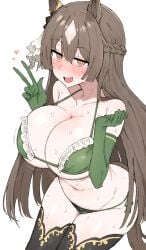 absurdres animal_ears bare_shoulders bikini blush braid breasts brown_eyes brown_hair cleavage commentary_request ear_ornament elbow_gloves female gloves green_bikini green_gloves green_thighhighs hair_between_eyes half_up_braid highres horse_ears horse_girl kumiyabe large_breasts long_hair looking_at_viewer multicolored_hair navel open_mouth plump satono_diamond_(umamusume) side-tie_bikini_bottom simple_background skindentation solo stomach streaked_hair swimsuit thighhighs thighs umamusume w white_background white_streaks