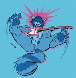absurd_res anthro balls digit_ring feet fluffy fluffy_tail genitals guitar hi_res jewelry male markings musical_instrument pawpads paws penis piercing plucked_string_instrument raccoon_cat rattfood ring ring_(marking) ringed_tail simple_background solo string_instrument striped_markings striped_tail stripes tail tail_markings toe_ring toes