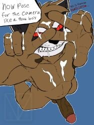 3:4 anthro balls big_penis blue_background bodily_fluids brown_body brown_penis brown_skin cum dark_body dark_penis dark_skin erection genital_fluids genitals gesture glans guardians_of_the_galaxy hand_gesture hi_res high-angle_view humanoid_genitalia humanoid_penis ladventea male mammal marvel multicolored_penis nude penis pink_glans procyonid raccoon red_eyes red_sclera rocket_raccoon simple_background solo speech_bubble two_tone_penis v_sign vein veiny_penis