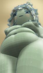 3d 3d_(artwork) 3d_model alien alien_only bbw beanoid belly_overhang big_belly big_breasts big_thighs black_eyes blush brown_background chubby chubby_female female fungus green_body green_hair green_nipples green_skin leaf_hair lichen lichen_hair looking_down looking_down_at_viewer low-angle_view low_poly mitten_hands mora mora_fitzgerald mushroom_on_head mushrooms no_fingers no_humans no_nose no_visible_genitalia nude nude_female original original_character overweight overweight_female round_belly round_head self_upload simple_colors simple_face simple_mouth sitting slime slime_girl slime_hair slime_mold slime_mold_body squint tinkercad yellow_blush