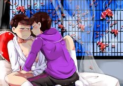 2boys blush brothers brown_hair cover_page curtains doujin_cover family gold_chain hood hoodie incest kneehighs looking_at_another male_only matsuno_ichimatsu matsuno_karamatsu multiple_boys nipples on_bed osomatsu-kun osomatsu-san robe siblings socks sweat tagme track_pants undressing yaoi