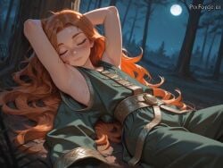 ai_generated alone armpit_crease armpit_fetish athletic_body closed_eyes detailed_armpit elaborate_clothing expensive_clothing extremely_long_hair female female_only freckles ginger green_clothing laying_under_tree looking_at_viewer night oversized_clothes rich_clothing sleeping small_boobs wind wrinkled_armpit young