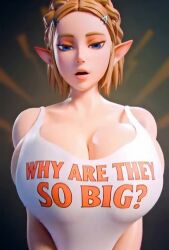 1girls ai_assisted ai_generated animated blonde_hair blue_eyes bouncing_breasts breasts breasts_bigger_than_head cleavage clothing english_text huge_breasts large_breasts meme no_sound pointy_ears scrag_boy_(style) sideboob text the_legend_of_zelda vertical_video video zelda