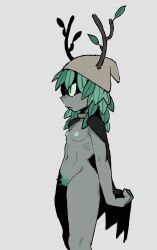 1girls adventure_time adventure_time:_fionna_&_cake fishhh green_areola green_body green_eyes green_hair grey_body grey_skin huntress_wizard leaf_hair plain_background pubic_hair small_breasts solo tagme