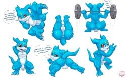 abs absurd_res anthro anus ass backsack balls bandai_namco digimon digimon_(species) erection exercise fennephilim_fox flaccid foreskin genitals hi_res horn legs_up male muscular muscular_anthro muscular_male pecs penis presenting presenting_anus red_eyes scalie shortstack shortstack_male smile smirk solo spread_legs spreading veemon weightlifting workout