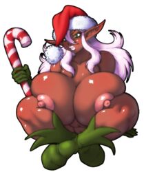 areolae blush boots breasts candy candy_cane christmas cleavage crossed_legs dark-skinned_female dark_elf dark_skin demien elf female female_only food gigantic_breasts gloves green_eyes hair hair_between_eyes hairless_pussy hat headgear holidays huge_breasts lipstick long_hair nipples pointy_ears puffy_nipples pussy santa_hat sitting solo transparent_background white_hair white_lipstick