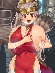 1boy 1girls aliza_(granblue_fantasy) bare_shoulders bimbo blush breast_milk breasts busty cheating china_dress chinese_clothes cleavage cleavage_cutout dress earrings female gigantic_breasts granblue_fantasy hand_on_another's_shoulder heart heart-shaped_pupils horns jewelry lactation long_hair looking_at_viewer milk netorare nipples obui open_mouth pointy_ears ponytail red_dress red_eyes silver_hair solo_focus straight symbol-shaped_pupils thighhighs tied_hair voluptuous white_legwear