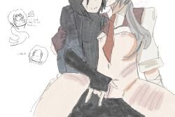 consensual cum cuntboy cuntboy/male fingering fully_clothed gay gay_sex healed_scars limbus_company lucio_(limbus_company) mlm partially_clothed project_moon pussy pussy_juice_drip ren_(limbus_company) renluci selfharm_scars