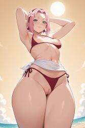 1girls afternoon aged_up ai_generated armpit_crease arms_behind_head beach belly_button bikini_aside bikini_bottom_aside bikini_top_aside breasts_out flower_in_hair from_below hair_band hairband inviting micro_bikini midriff nipples ocean pelvic_line pink_hair pussy_peek red_bikini rgomez007 sarong sarong_aside self_upload short_hair side-tie_bikini_bottom sky_background small_breasts smiling_at_viewer solo_female stable_diffusion sun thick_thighs vulva vulva_line warm_colors warm_lighting wide_hips